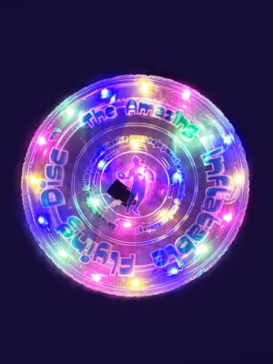 Sparkling Swirl - 12-in inflatable flying disc with blue and white printing and multicolor LED Sparkling Swirl - 12-inch multicolor LED disc with customizable silk-screen printing